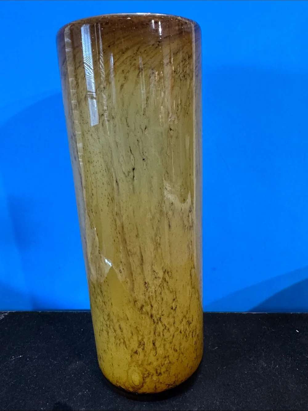 Cylindrical Amber or Yellow glass vase, handcrafted.  mid-century in style.